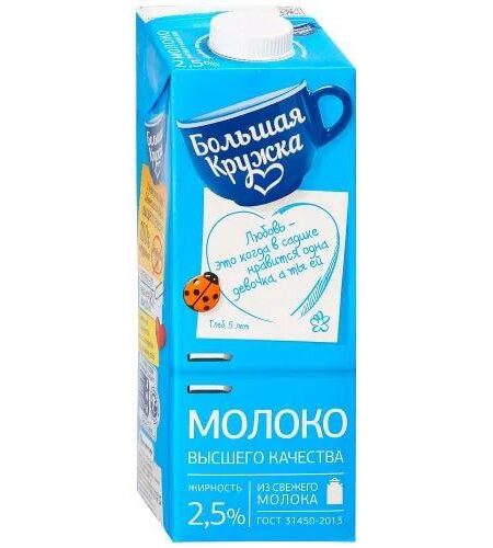 Молоко у/п БОЛЬШАЯ КРУЖКА 2,5% 1л крышка 1/12