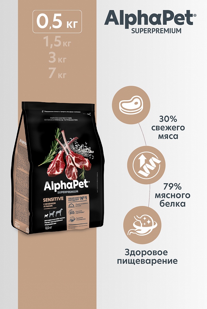 Сухой корм AlphaPet для взр. собак мини с чув. пищ. с Ягн. и рисом 0,5кг 1/14 Сухой корм AlphaPet для взр. собак мини с чув. пищ. с Ягн. и рисом 0,5кг 1/14