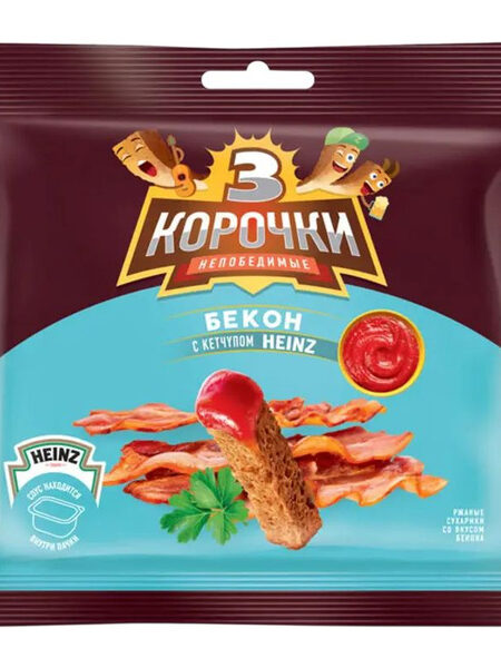 Сухарики 3 КОРОЧКИ ржаные Бекон с кетчупом 60г 1/30