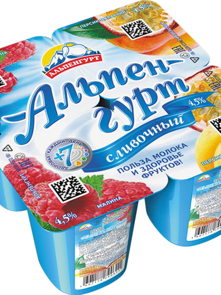 ЙогуртПродукт Сливочн АЛЬПЕНГУРТ Малина/персик-маракуйя 4,5% 100г 1/24