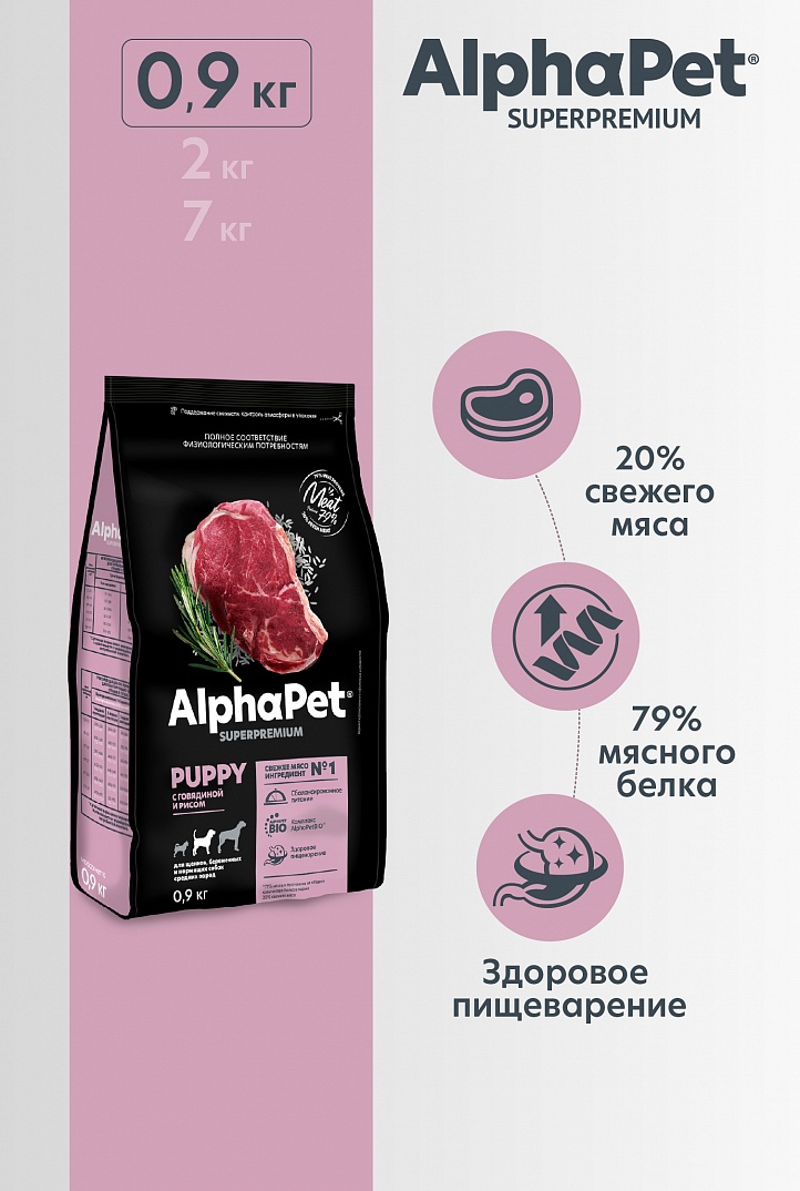 Сухой корм AlphaPet для щенков медиум с Говядиной и рисом 0,9кг 1/12 Сухой корм AlphaPet для щенков медиум с Говядиной и рисом 0,9кг 1/12