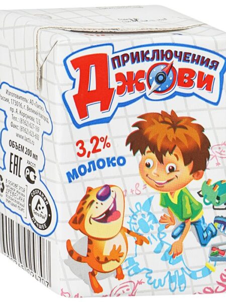 Молоко у/п Приключения Джови 3,2% 0,2л ТБА 1/18