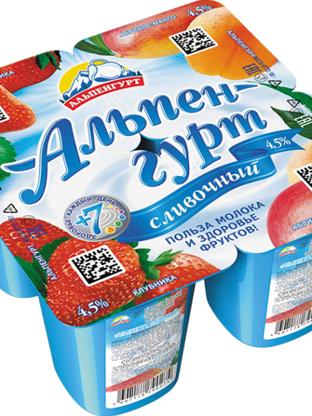 ЙогуртПродукт Сливочн АЛЬПЕНГУРТ Клубника/абрикос-манго 4,5% 100г 1/24